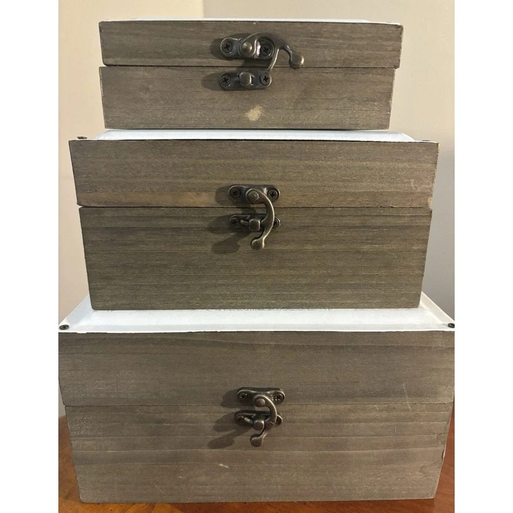 Coastal Set of 3 Wooden Decorative Storage Boxes w/ Lid, Nautical Floral Design